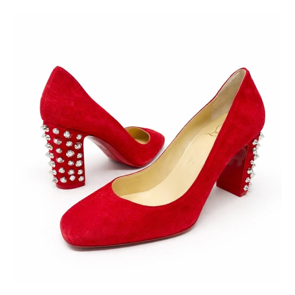 Christian Louboutin Donna Stud Spike Suede Block Heel Pumps Womens Size EU 36.5